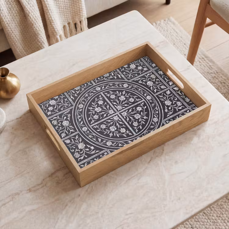 Patroon - Bloemmotief - Decoratie - Klassiek - Zwart Dienblad Rechthoek middel -sfeer1