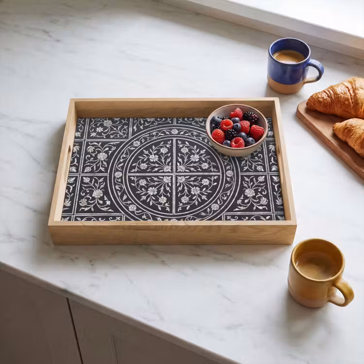 Patroon - Bloemmotief - Decoratie - Klassiek - Zwart Dienblad Rechthoek middel -sfeer2