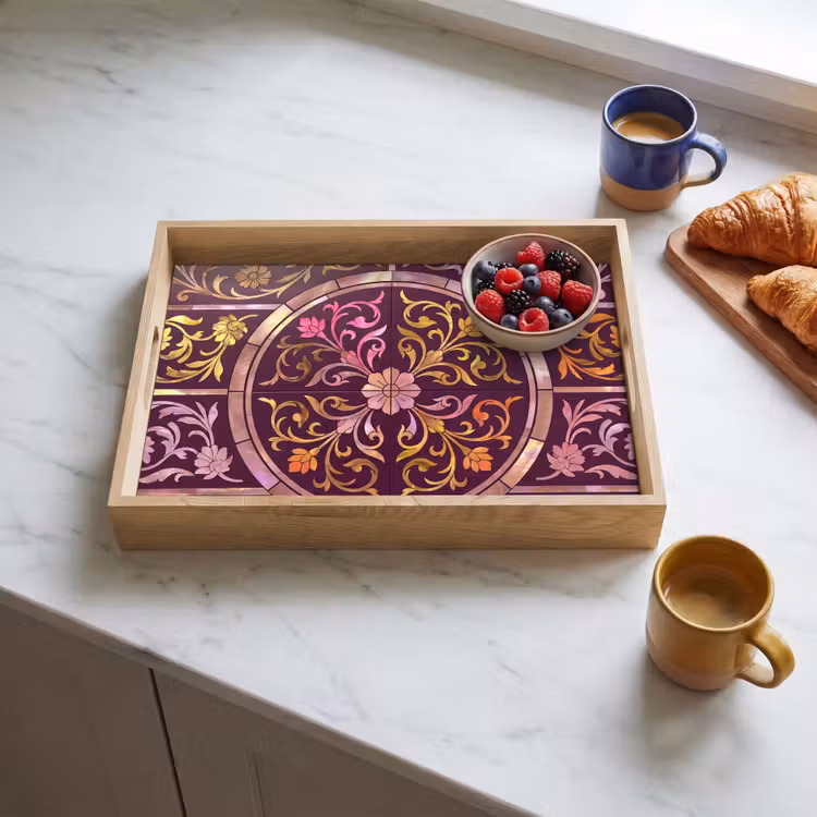 Patroon - Floraal - Oosters - Paars - Goud Dienblad Rechthoek middel -sfeer2