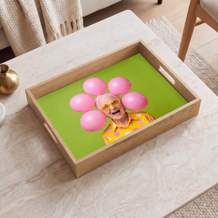 Mens - Ballonnen - Feest - Kleurrijk - Roze Dienblad Rechthoek middel -sfeer1