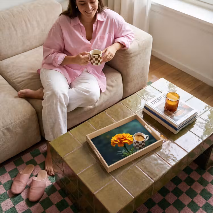Bloemblaadjes - Afrikaan - Oranje - Wazig Dienblad Rechthoek middel -sfeer3