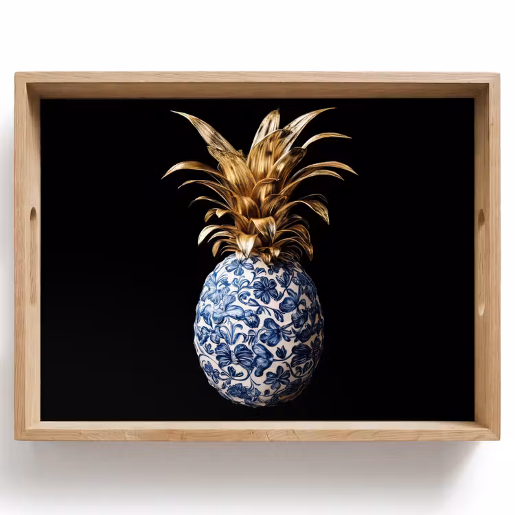 Ananas - Bloemen patroon - Goud - Delftsblauw Dienblad Rechthoek middel -z3d_shopping