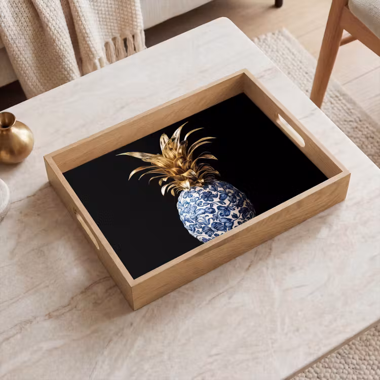 Ananas - Bloemen patroon - Goud - Delftsblauw Dienblad Rechthoek middel -sfeer1