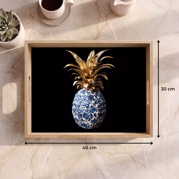 Ananas - Bloemen patroon - Goud - Delftsblauw Dienblad Rechthoek middel -USP_Formaat