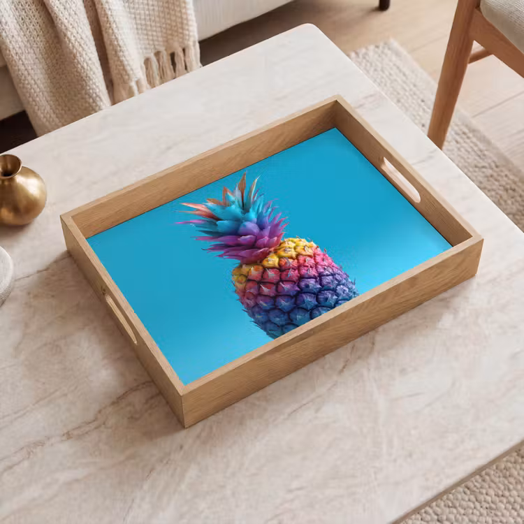 Ananas - Regenboog - Blauw - Popart Dienblad Rechthoek middel -sfeer1