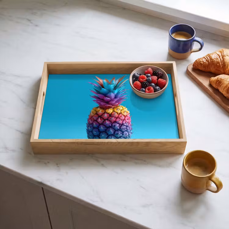 Ananas - Regenboog - Blauw - Popart Dienblad Rechthoek middel -sfeer2