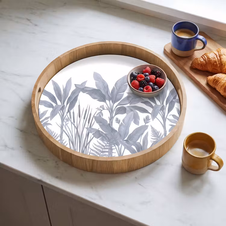 Planten - Bladeren - Natuur - Grijs Dienblad Rond middel -sfeer2