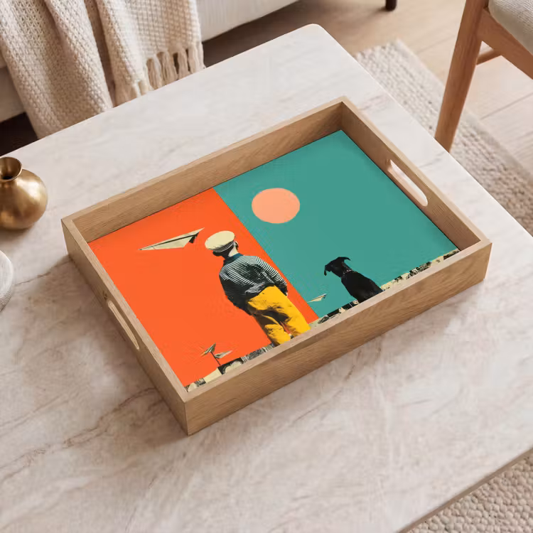 Retro - Jongen - Hond - Rood - Groen Dienblad Rechthoek middel -sfeer1