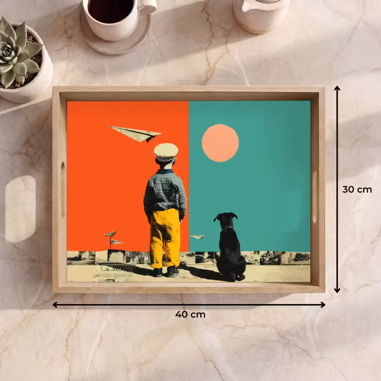 Retro - Jongen - Hond - Rood - Groen Dienblad Rechthoek middel -USP_Formaat