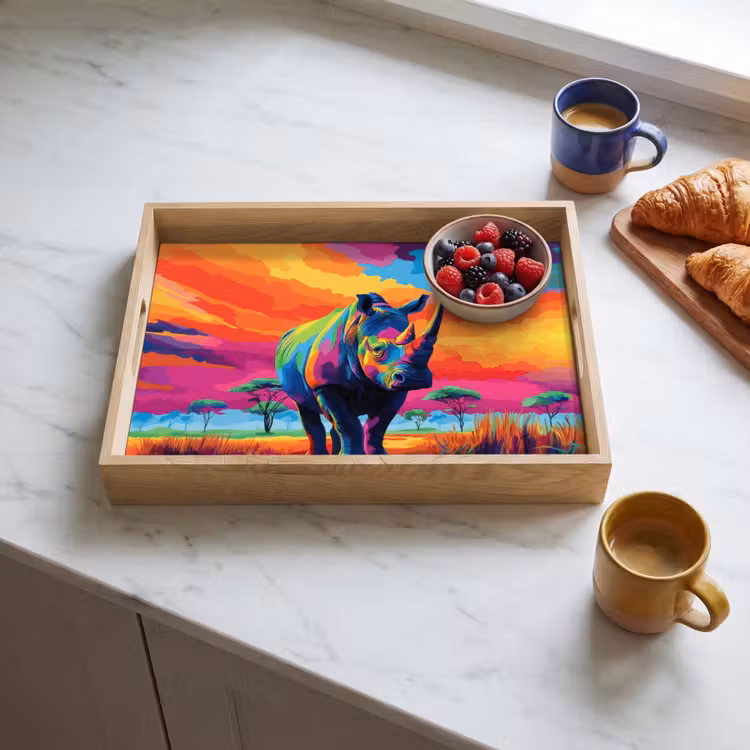 Neushoorn - Zonsondergang - Savanna - Kleurrijk Dienblad Rechthoek middel -sfeer2