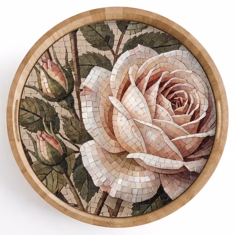 Roos - Mozaïek - Bloemen - Klassiek - Beige Dienblad Rond middel -z3d_shopping