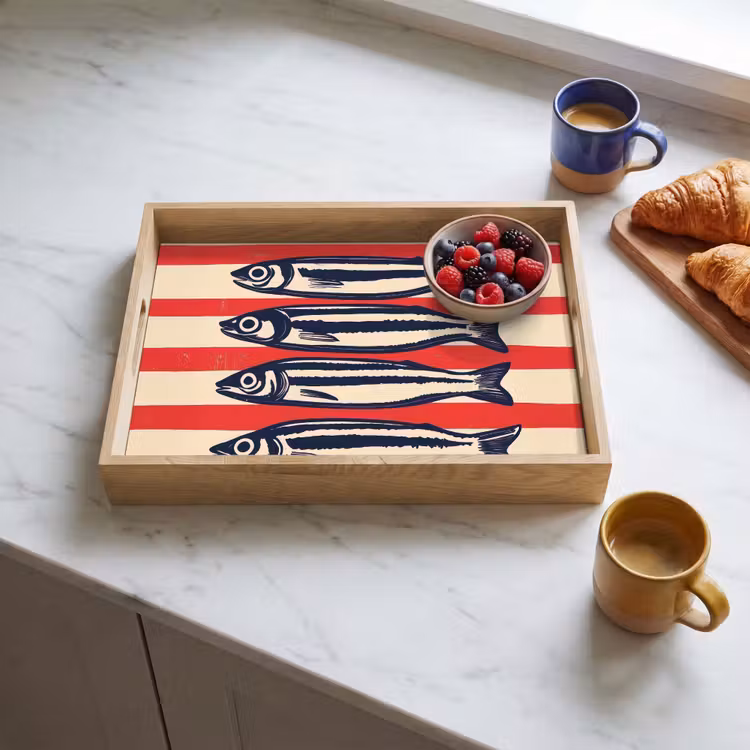 Sardines - Rood en beige strepen Dienblad Rechthoek middel -sfeer2