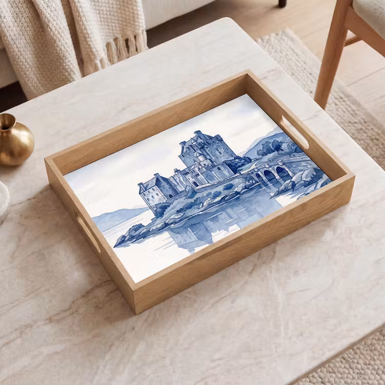 Schots - Kasteel - Blauw - Aquarel Dienblad Rechthoek middel -sfeer1