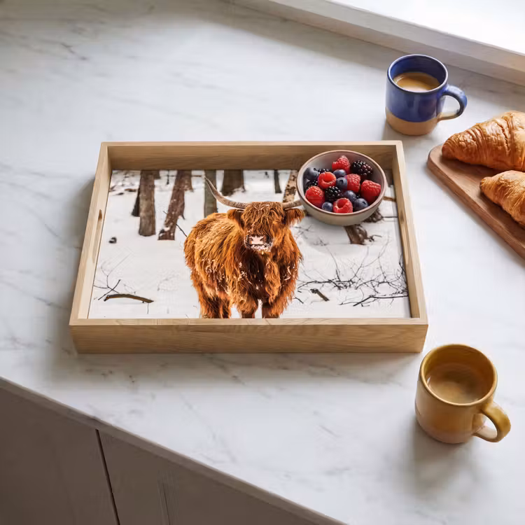 Schotse Hooglander - Sneeuw - Winter - Natuur - Dieren Dienblad Rechthoek middel -sfeer2