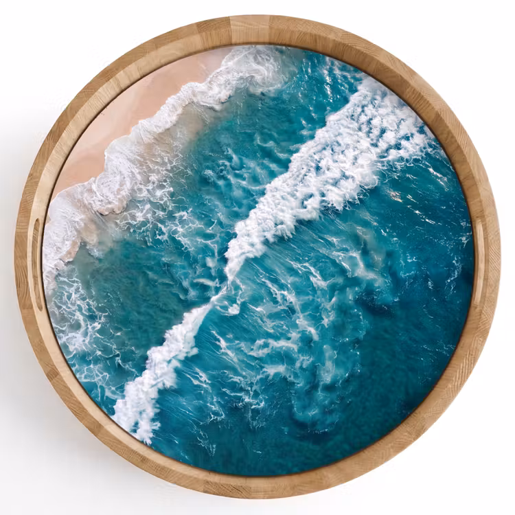 Zee - Strand - Golven - Natuur - Blauw Dienblad Rond middel -z3d_shopping