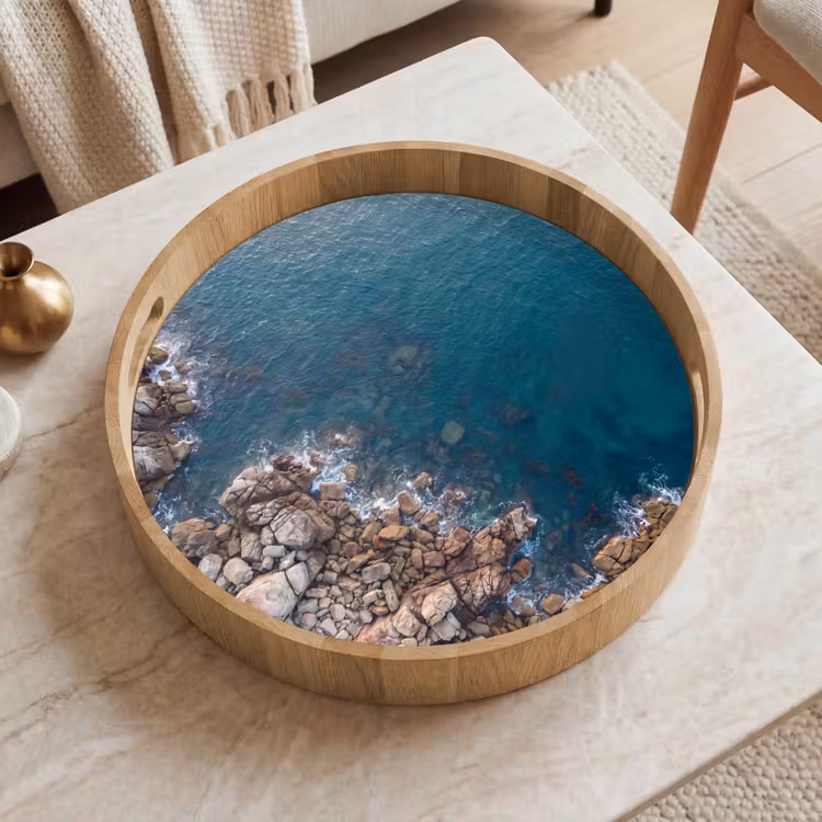 Zee - Kustlijn - Natuur - Abstract - Blauw Dienblad Rond middel -sfeer1