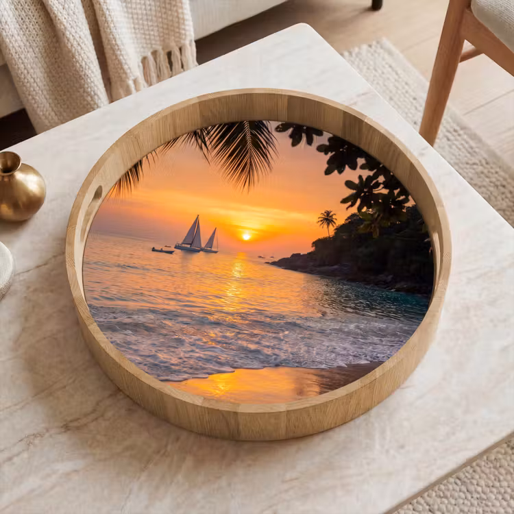 Zee - Zonsondergang - Boot - Natuur - Oranje Dienblad Rond middel -sfeer1