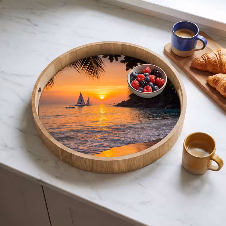 Zee - Zonsondergang - Boot - Natuur - Oranje Dienblad Rond middel -sfeer2