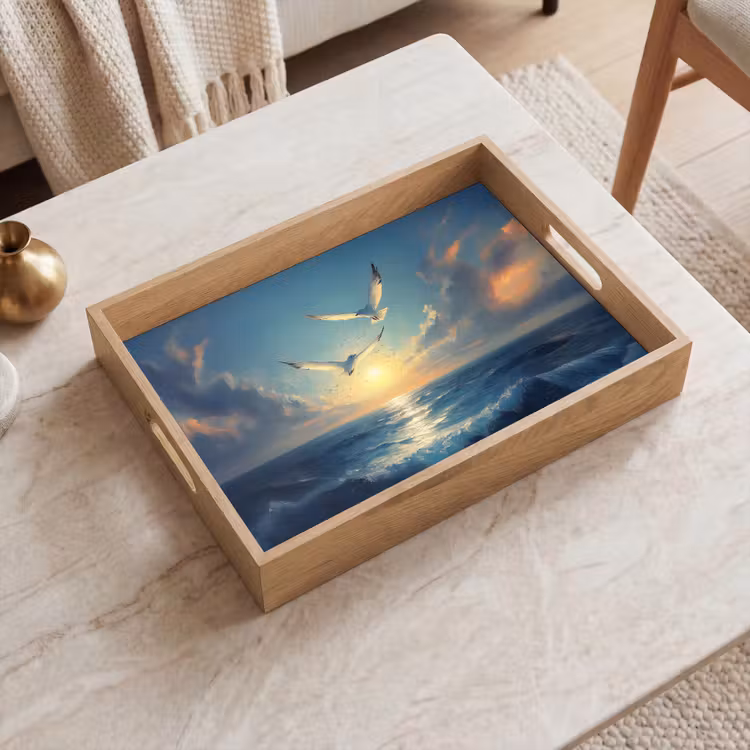 Meeuwen - Zee - Wolken -Blauw Dienblad Rechthoek middel -sfeer1