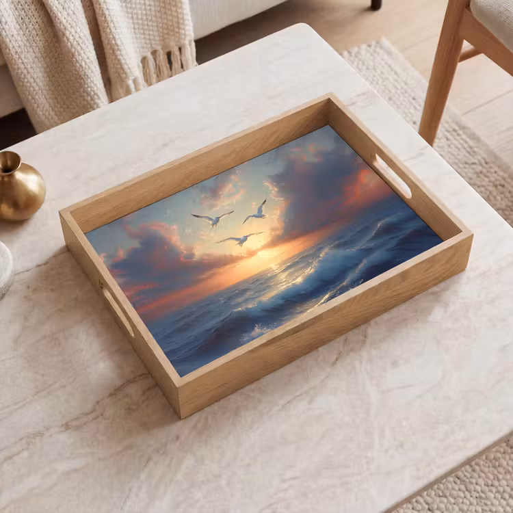 Meeuwen - Zonsondergang - Zee - Wolken Dienblad Rechthoek middel -sfeer1
