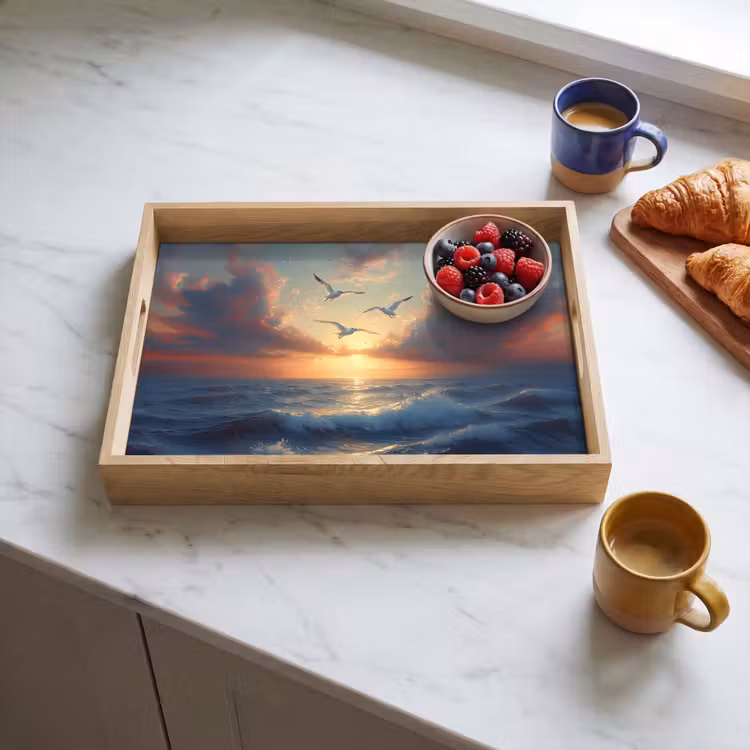 Meeuwen - Zonsondergang - Zee - Wolken Dienblad Rechthoek middel -sfeer2
