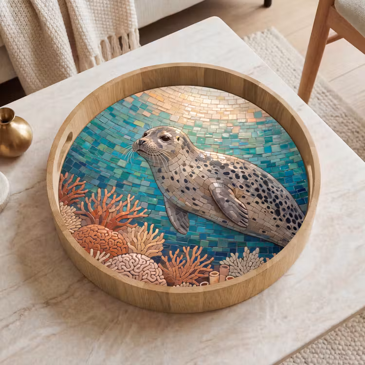 Zeehond - Mozaïek - Onderwater - Dieren - Blauw Dienblad Rond middel -sfeer1