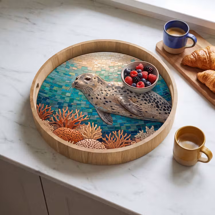 Zeehond - Mozaïek - Onderwater - Dieren - Blauw Dienblad Rond middel -sfeer2