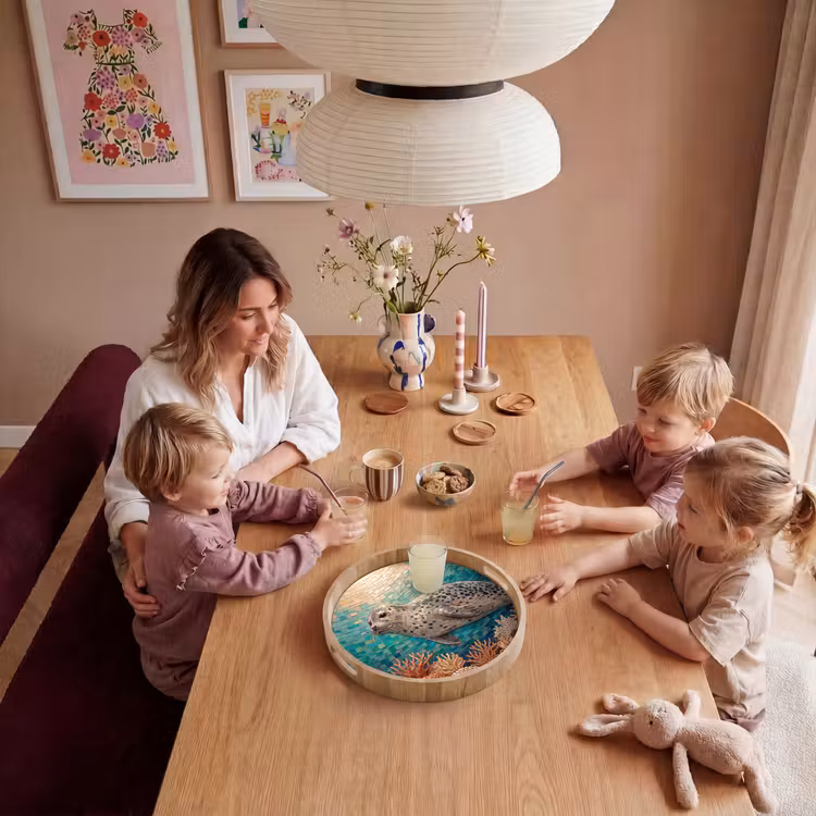 Zeehond - Mozaïek - Onderwater - Dieren - Blauw Dienblad Rond middel -sfeer4