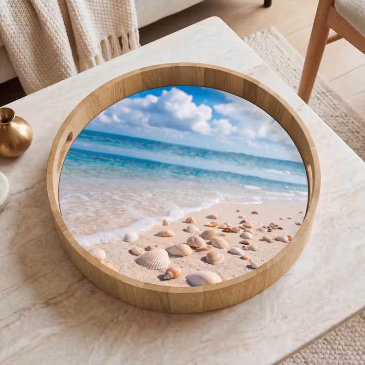 Schelpen - Strand - Natuur - Beige Dienblad Rond middel -sfeer1