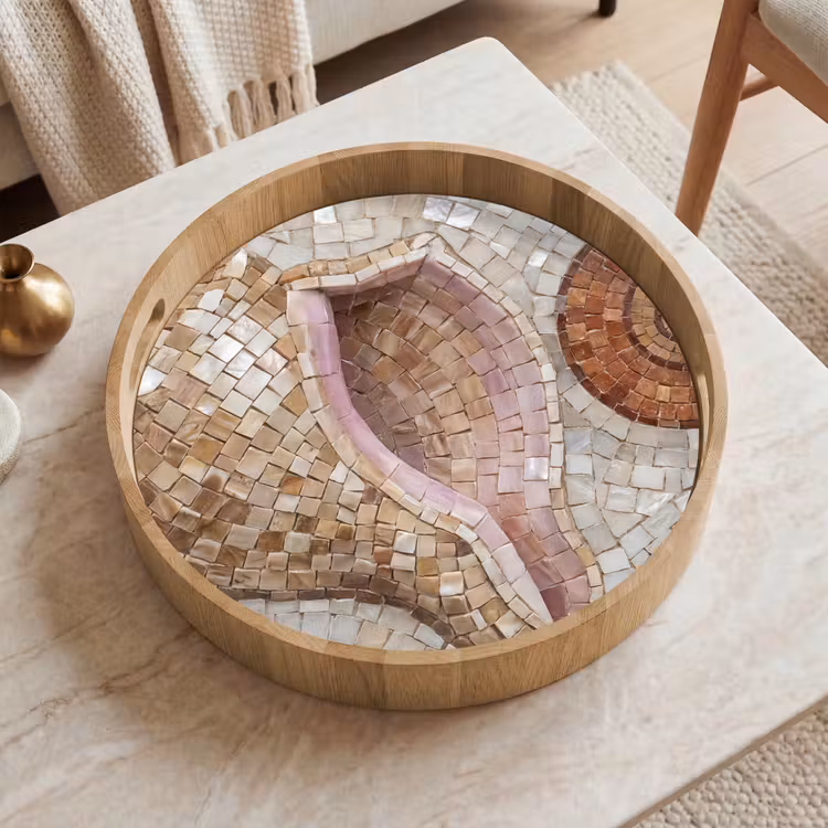 Schelp - Mozaïek - Zee - Beige - Modern Dienblad Rond middel -sfeer1