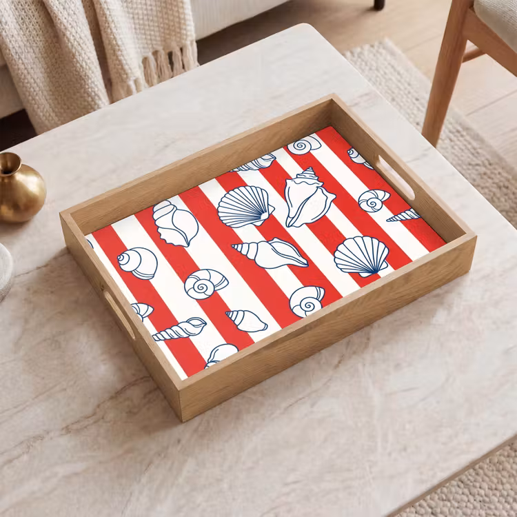 Schelp - Zeedieren - Zomer - Illustratie - Rood - Blauw Dienblad Rechthoek middel -sfeer1
