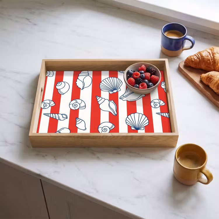 Schelp - Zeedieren - Zomer - Illustratie - Rood - Blauw Dienblad Rechthoek middel -sfeer2