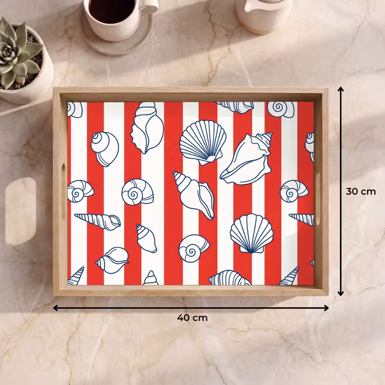 Schelp - Zeedieren - Zomer - Illustratie - Rood - Blauw Dienblad Rechthoek middel -USP_Formaat