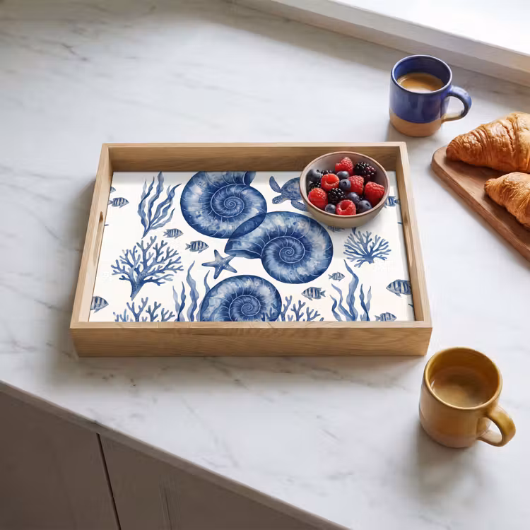 Schelp - Spiraal - Zeeleven - Aquarel - Blauw Dienblad Rechthoek middel -sfeer2