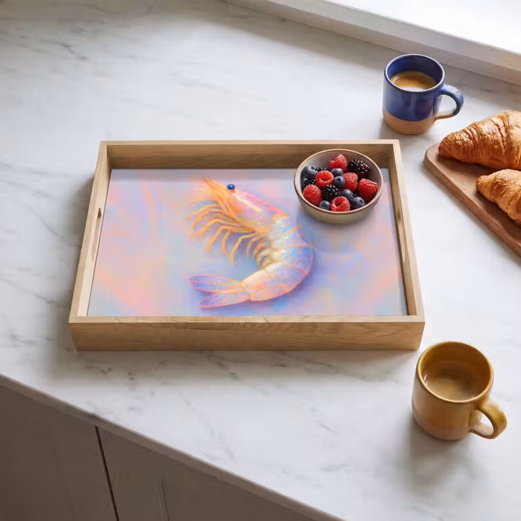 Garnaal - Subtiele structuur - Blauw - Roze Dienblad Rechthoek middel -sfeer2