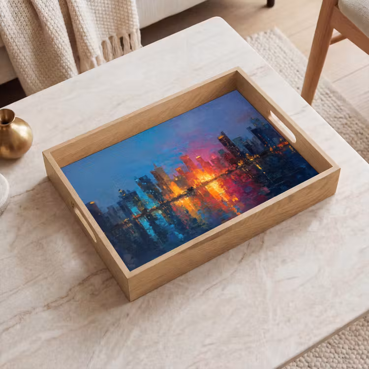 Skyline - Penseelstreken - Donkerblauw - Lichtgevend Dienblad Rechthoek middel -sfeer1