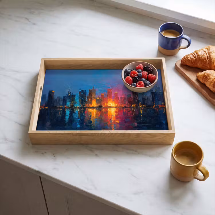 Skyline - Penseelstreken - Donkerblauw - Lichtgevend Dienblad Rechthoek middel -sfeer2