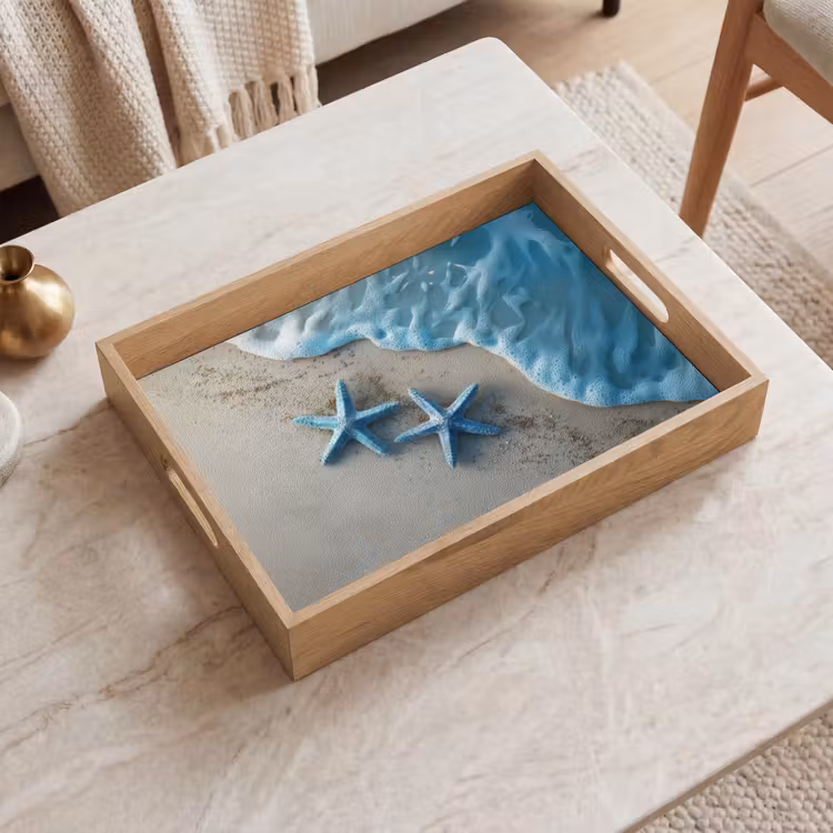 Zeesterren - Zand - Zee - Blauw Dienblad Rechthoek middel -sfeer1
