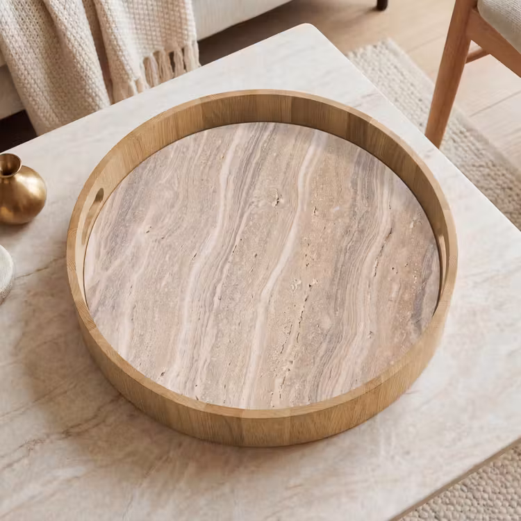 Steen - Patroon - Textuur - Natuurlijk - Beige Dienblad Rond middel -sfeer1