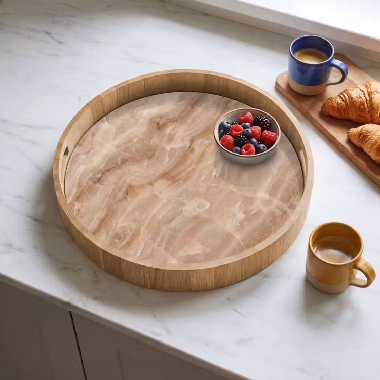 Steen - Ader - Natuur - Modern - Beige Dienblad Rond middel -sfeer2