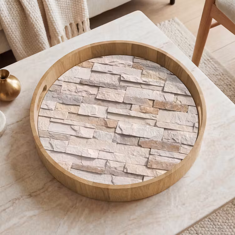 Steen - Muur - Textuur - Rustiek - Beige Dienblad Rond middel -sfeer1