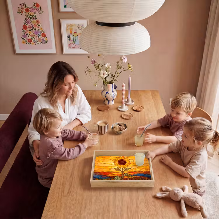 Zonnebloem - Mozaïek - Zonsondergang - Geel Dienblad Rechthoek middel -sfeer4