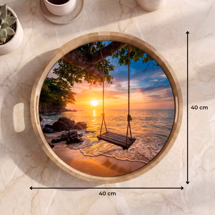 Schommel - Strand - Zonsondergang - Natuur - Oranje Dienblad Rond middel -USP_Formaat
