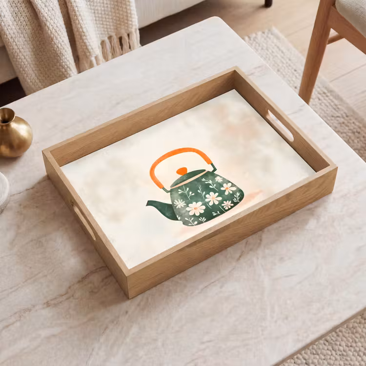 Theepot - Groen - Bloemen - Oranje Dienblad Rechthoek middel -sfeer1