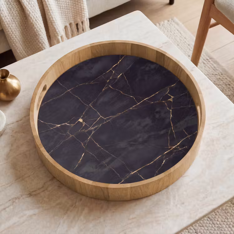 Textuur - Gouden lijnen - Abstract - Modern - Zwart Dienblad Rond middel -sfeer1