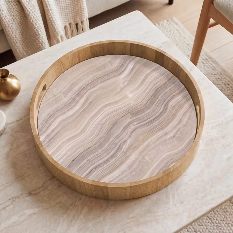 Textuur - Golvend - Abstract - Modern - Beige Dienblad Rond middel -sfeer1