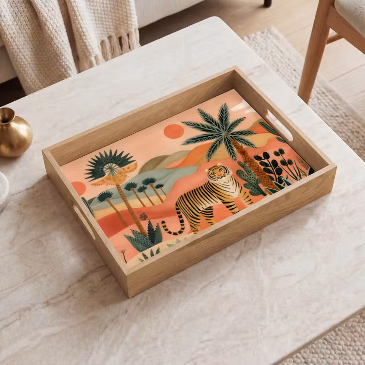 Tijger - Kleurrijk - Palmen - Cactus Dienblad Rechthoek middel -sfeer1