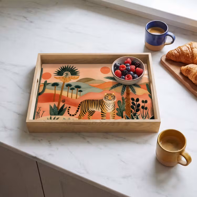 Tijger - Kleurrijk - Palmen - Cactus Dienblad Rechthoek middel -sfeer2