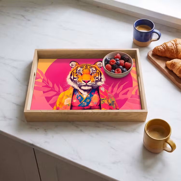 Tijger - Kimono - Planten - Roze Dienblad Rechthoek middel -sfeer2