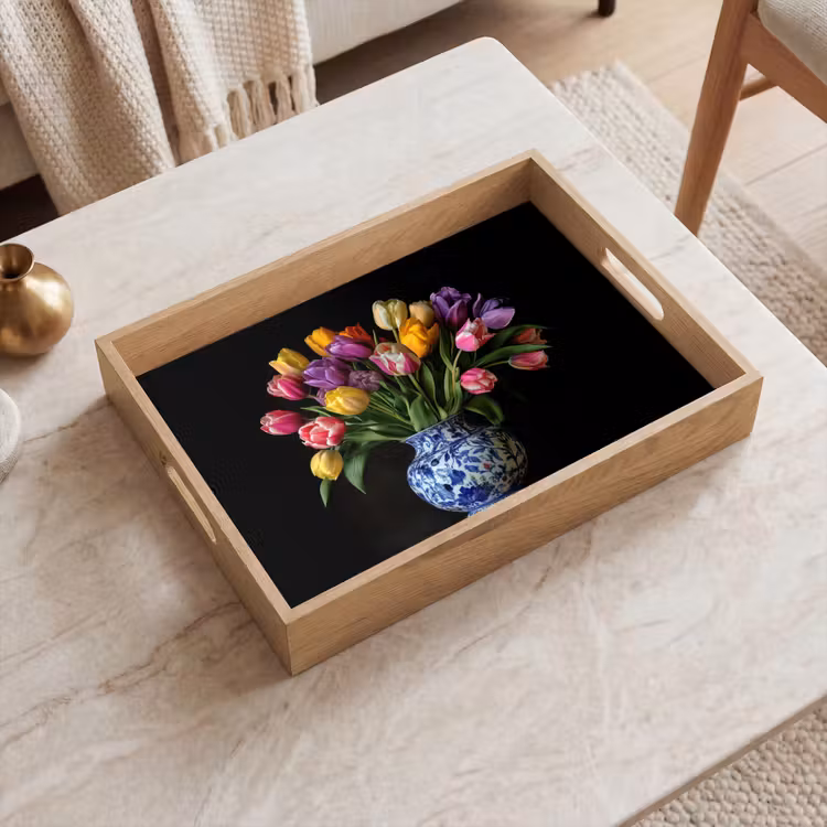 Tulpen - Kleuren - Hout - Vaas Dienblad Rechthoek middel -sfeer1